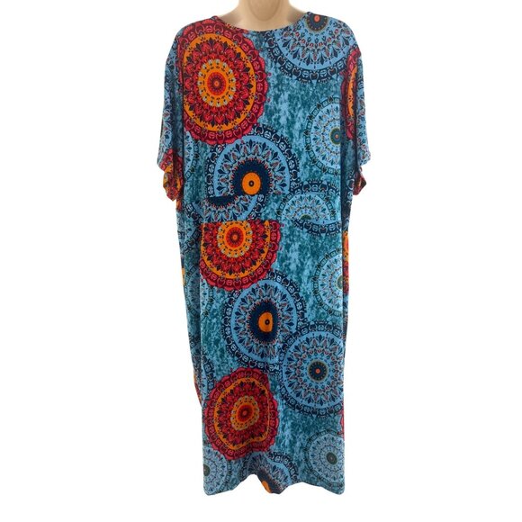Teal Multi-Color Medallion Print Faux-Wrap Stretch Knit Dress Size 4XL Plus Size - Picture 3 of 7